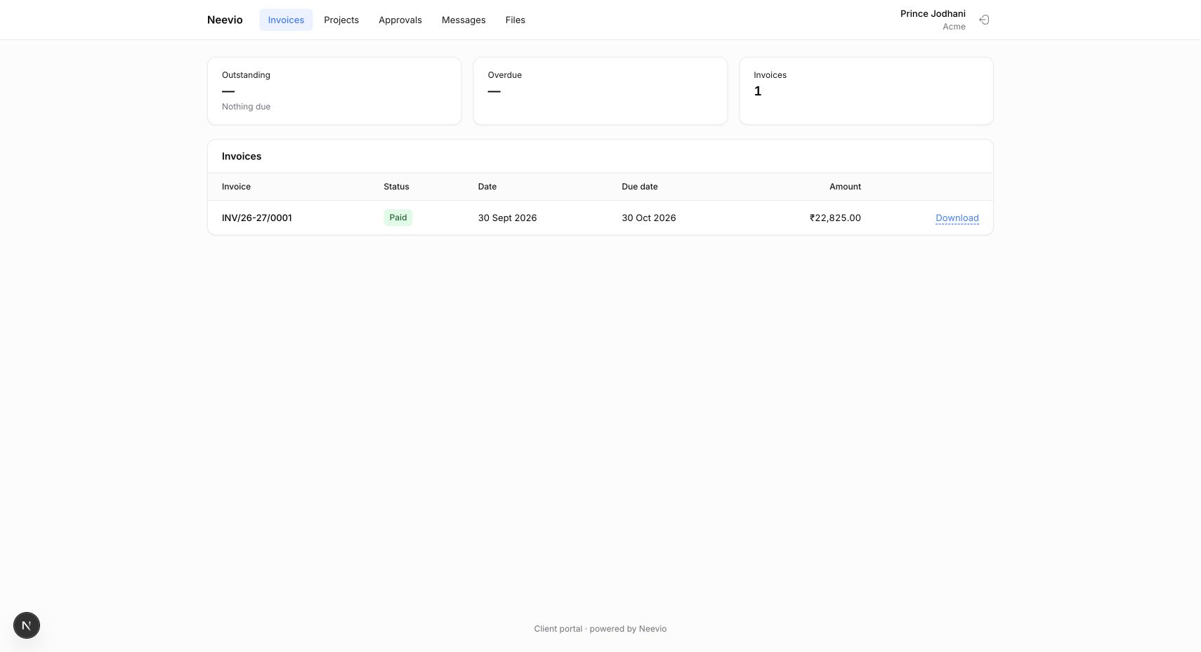 Neevio client portal showing the client’s invoices, payment status and navigation to projects and approvals