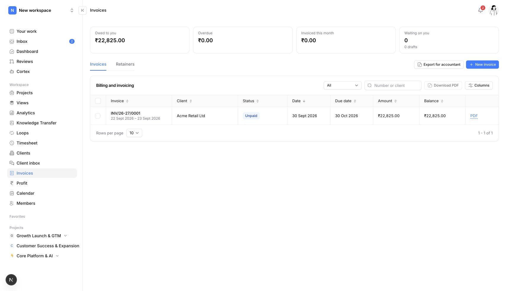 Neevio invoice list showing client, invoice status, amount and balance