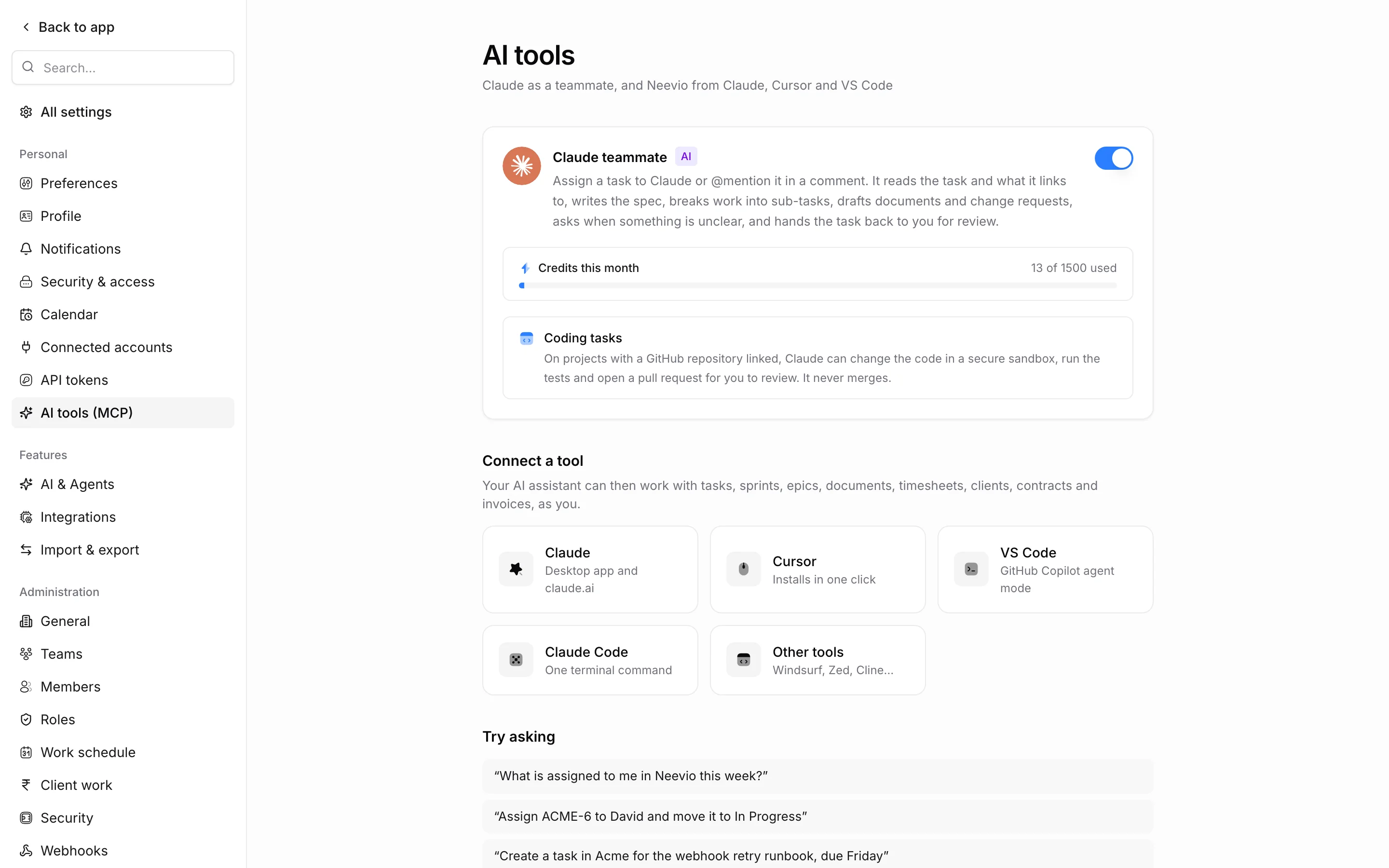 Neevio Settings, AI tools: connect Claude, Cursor, VS Code or Claude Code, and the Claude teammate
