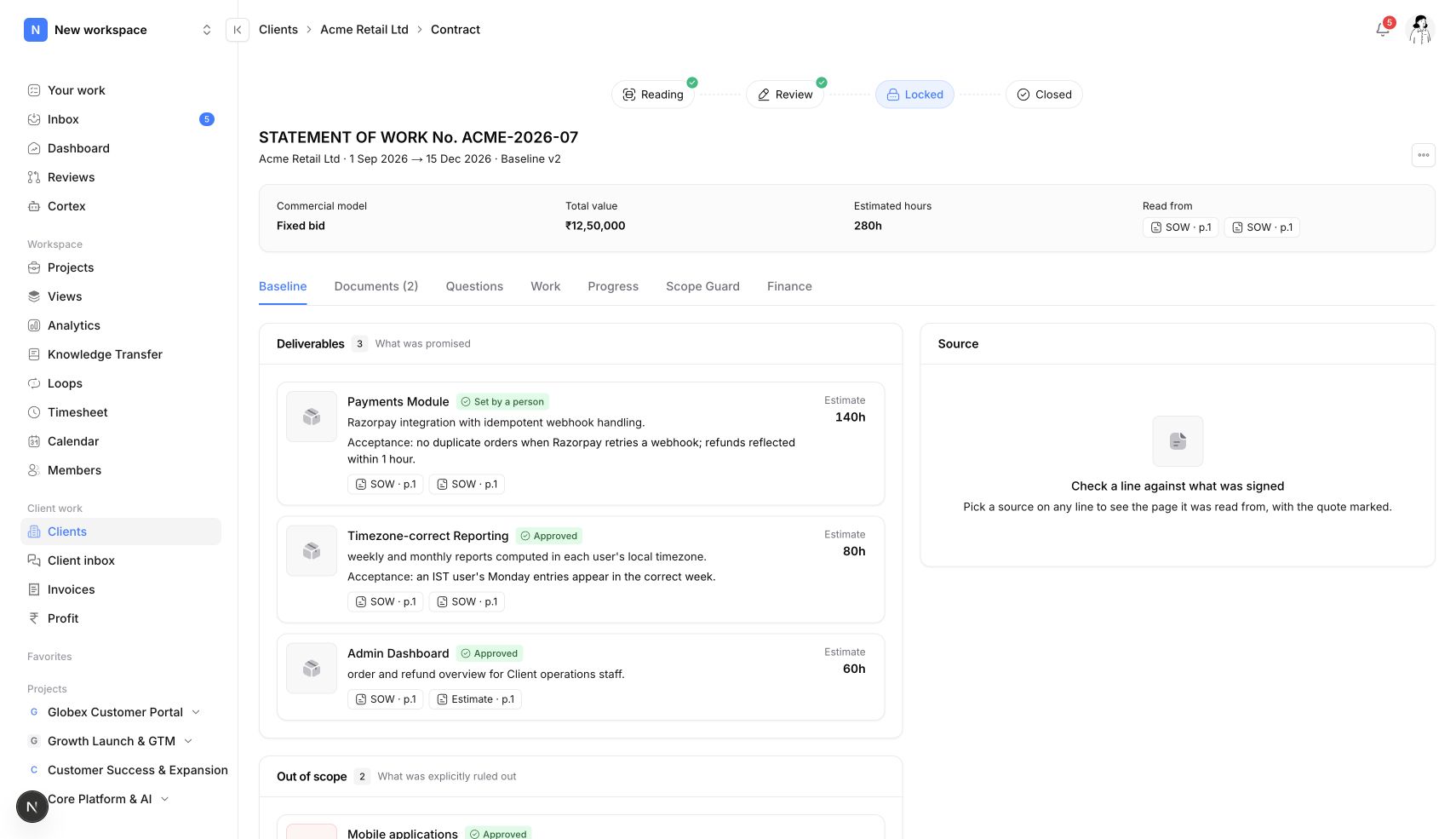 Neevio contract baseline with deliverables, exclusions and source references